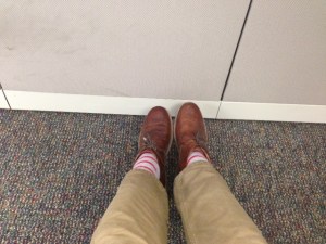 Dress-style boot option by Steve Madden. Paired with Levi's 511 tan twill chinos. 