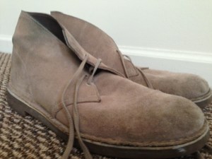 Old reliable tan suede desert boots by Clarks. Beat-up, but durable. 