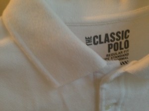 The 'Classic Polo' in white from Old Navy. About as inexpensive & simple as it gets.