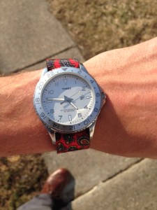 The Knottery's patterned paisley watch strap. Watch by Timex Ameritus. 