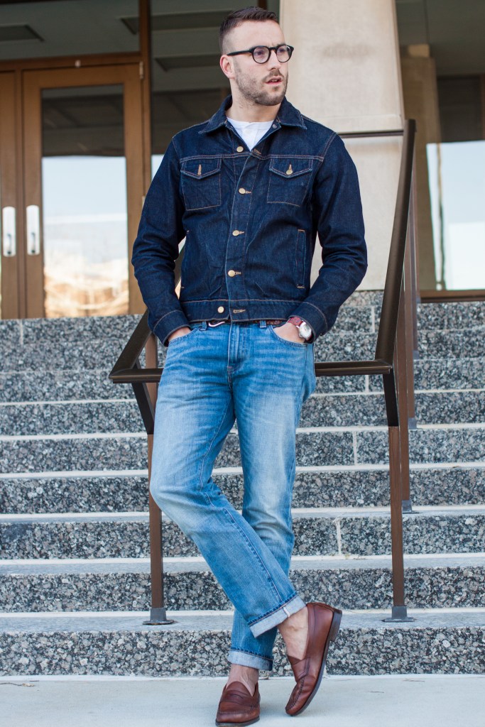 Lightwash denim is an ideal spring style move -- if you're feeling adventurous, it can even work with a dark denim jacket. 484 Jeans by J. Crew. Denim jacket by American Apparel. Loafers by G.H. Bass Patterned NATO strap by The Knottery and watch by Timex. Photo credit: Khoa Nguyen.