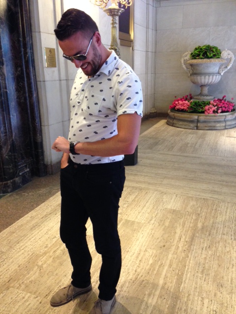 One of the printed polos from the collection. Black jeans by American Apparel. Desert boots by Clarks. Watch by Stuhrling. Sunglasses by Tom Ford. 
