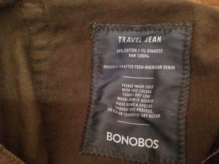 A closer look at the detailed label now sewn into newer Travel Jeans.