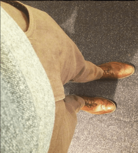 Allegheny Oak Travel Jeans from Bonobos, along with a Reigning Champ crewneck sweater and brown JCP wingtip boots for Friday's flight. 