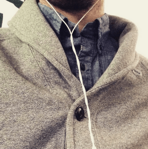 Saturday's outfit — Dark chambray shirt by GAP, shawl-collar cardigan by Todd Snyder. Not pictured: Bonobos dark slim jeans, Billy Reid x K-Swiss brown leather sneakers.  