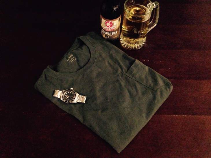Slim green pocket T-shirt by J. Crew. Watch by Invicta. No beer was spilled during this photo shoot. Trust me. 