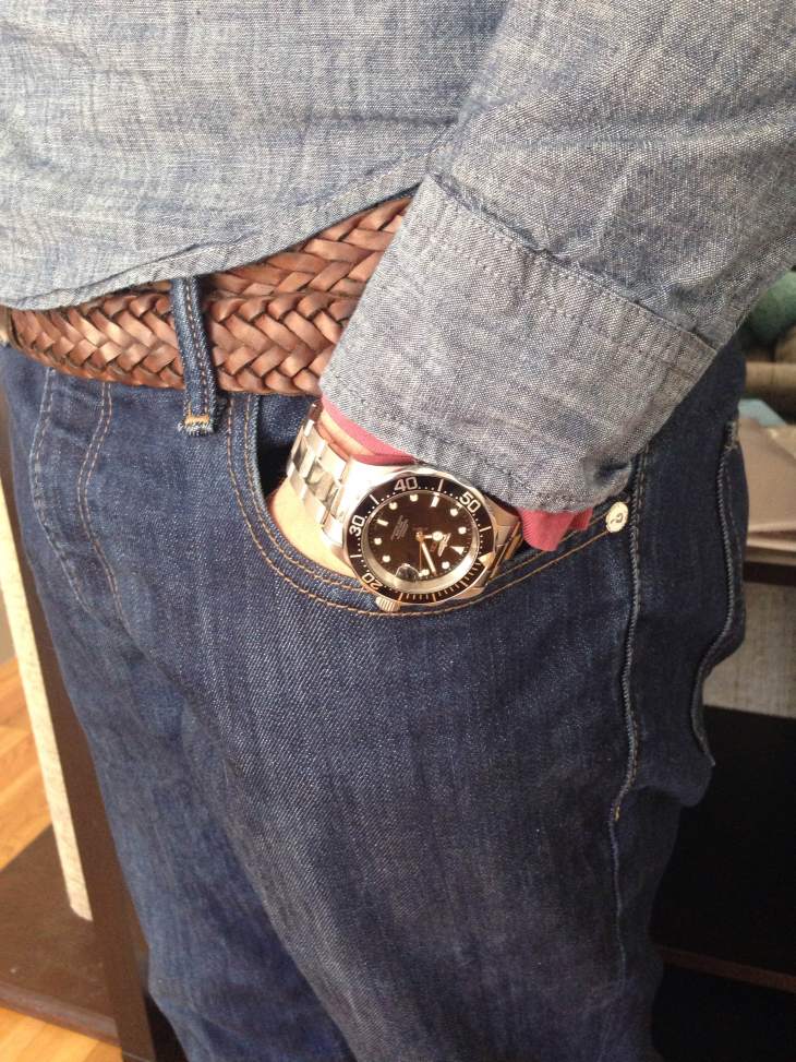 Just one of the many ways to style Gap's clean chambray shirt. Watch by Invicta. Braided leather belt by Target Merona.