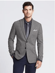 Sharp peak lapels & a ticket pocket on a cotton-linen blazer.