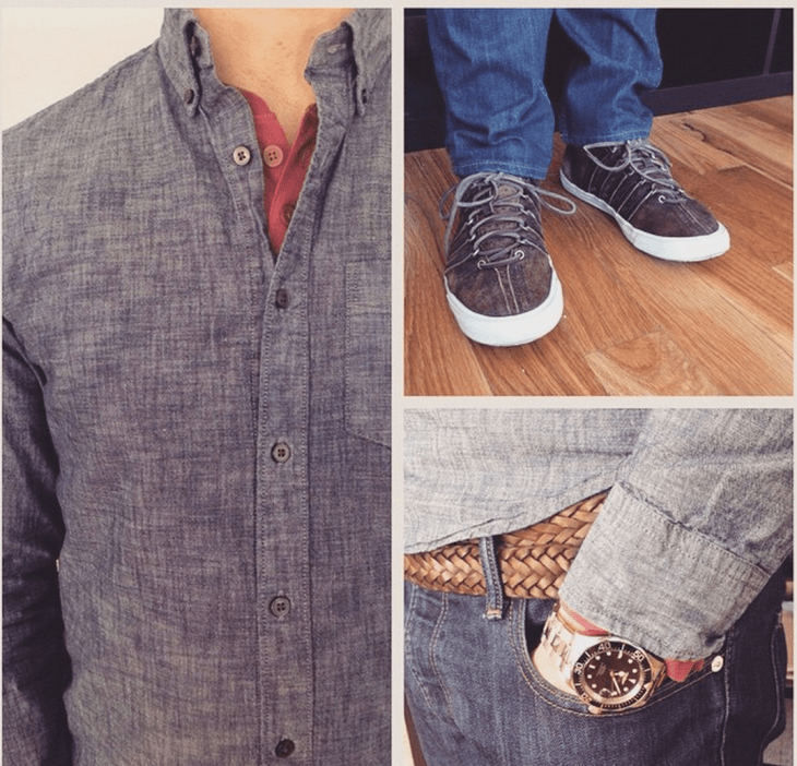 "Clean wash" chambray shirt and red henley by GAP. Slim jeans by Bonobos. Watch by Invicta, Sneakers by Billy Reid for K-Swiss. 