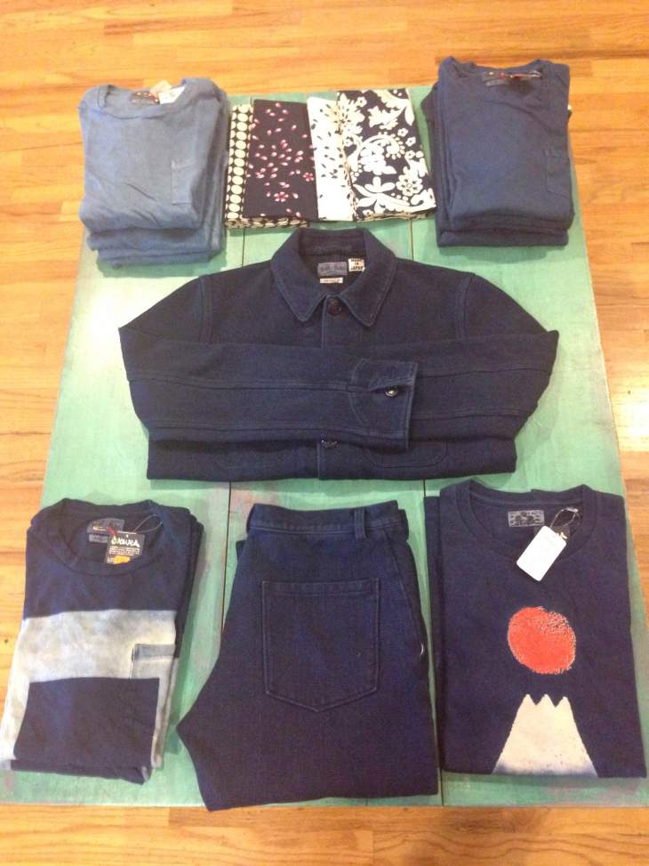 Indigo wares on display from Blue Blue Japan, among others. 