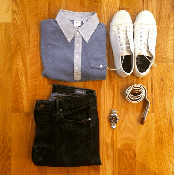 One of the many ways this polo can be styled. Slim dark denim by Bonobos. White sneakers by GREATS. Striped webbed belt by J. Crew Factory. Silver dive watch by Invicta.
