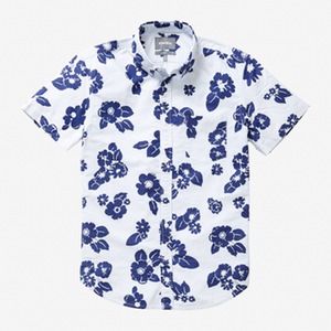A wild blue floral print grounded thanks to subtle stripes.