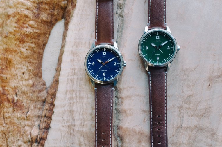 Your choice of a lovely blue or deep green dial (with black or brown leather strap), plus a classic field watch design from the newly launched Alberta Watches.