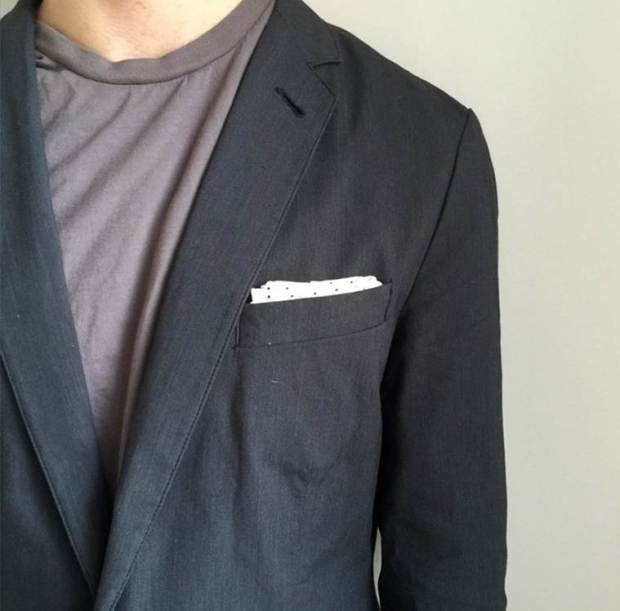 Behold the versatility of a slim T-shirt. Pocket tee by Everlane. Unconstructed navy blazer and linen dot pocket square by J. Crew