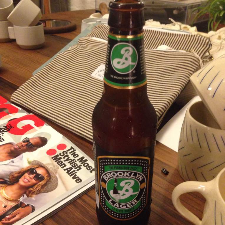 Recharging slightly during Fashion Week: Men's with a cold one from the esteemed Brooklyn Brewery.