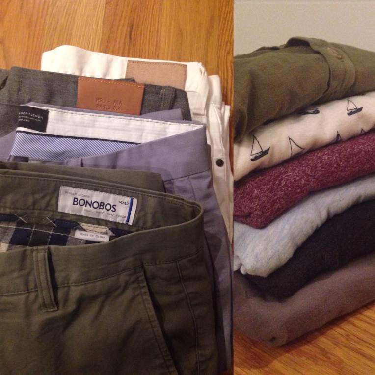 On the left: Olive Bonobos Washed Chinos, Sky Blue Combat Gent chinos, grey Billy Reid selvedge denim, white Mott & Bow denim (just part of the lineup). On the right, top to bottom: Pistol Lake henley, J. Crew Factory printed shirt, Steven Alan pocket tee, H&M V-neck, American Apparel & Everlane pocket tees.