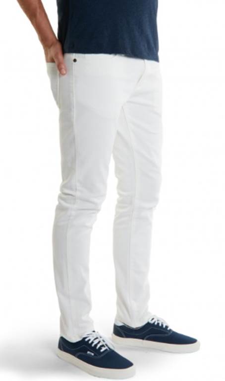 The Skinny fit of Mott & Bow's  new white denim features a trim 13 1/2" leg opening.