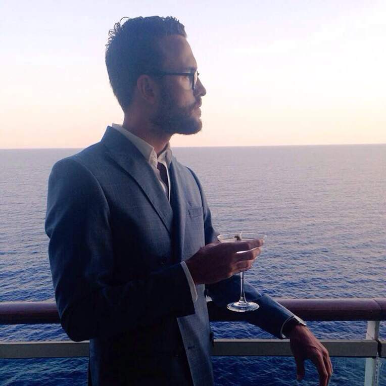 A formal look for the final night of the cruise. White Poplin Endurance Shirt and Steel Blue Glen Plaid Double-Breasted Suit by Combatant Gentleman. Glasses by Warby Parker. Watch by Daniel Wellington.