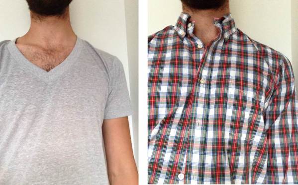 Before and after -- the Retro Fit Tri-Blend Heather Grey V-neck pictured on its own, and then beneath a shirt. No bunching of fabric near the collar. Spring Plaid Shirt by Gustin.