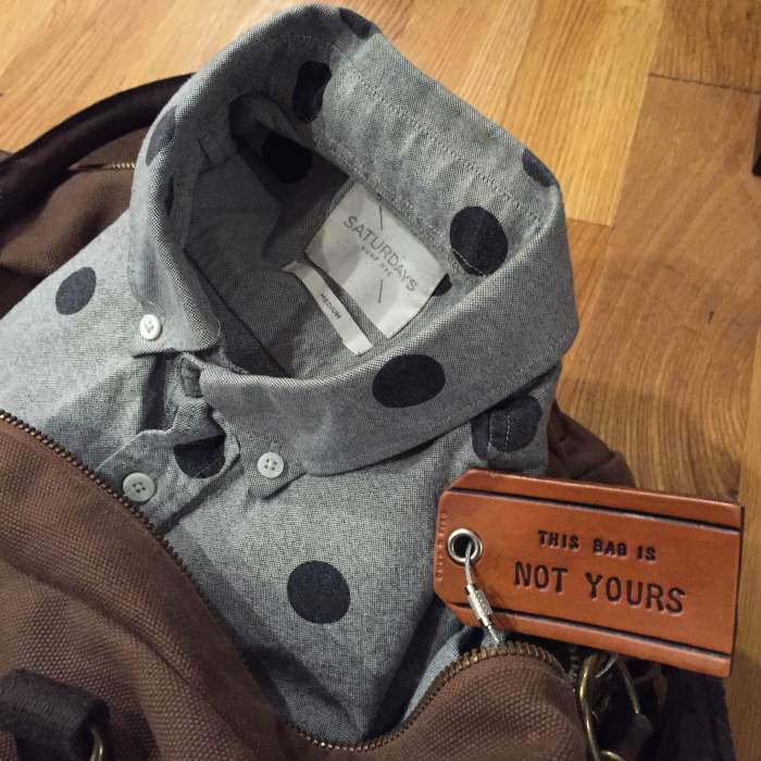 Polka dots popping out. Taking my favorite Saturdays Surf NYC shirt and my trusty Navali Stowaway Weekender Bag. Luggage tag by Frank & Oak.