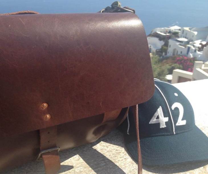 Another shot from beautiful Santorini, Greece. The Slim Mailbag alongside a Goorin Brothers vintage ballcap.