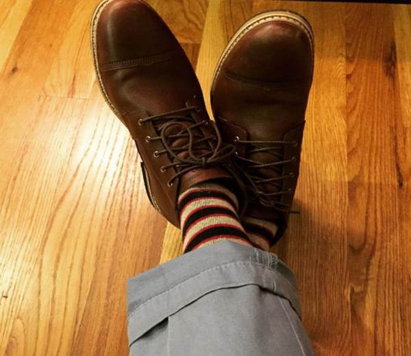 The medium weight and striped pattern make these socks a great pair to ground complementary colors. Sky-blue chinos by Combatant Gentleman. Waterproof chukka boots by Timberland.