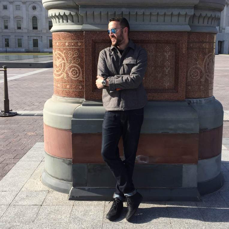 Stopping for a second near the Capitol Building. Quilted shirt-jacket by Addict. Sunglasses by Randolph Engineering. Slim denim by Mott & Bow. Black chukka sneakers by Reef. Black rubber strap watch by Stuhrling.
