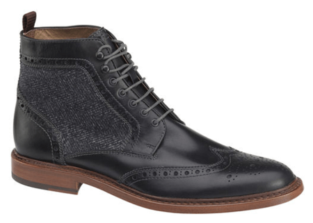 A dressy wingtip boot with seasonal fabric design touches to stand up to the chilly weather.