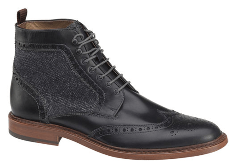 A dressy wingtip boot with seasonal fabric design touches to stand up to the chilly weather.