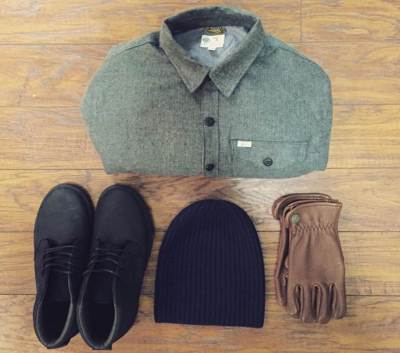 One weather-ready way to accessorize the rugged Reef x H.D. Lee workshirt. Merino watch cap by American Trench. Gloves by Iron & Resin. Black sneakers by Reef.