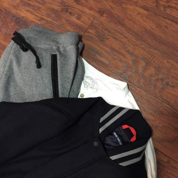 Cozy gear for a cold weekender. French Terry Nomad Joggers by Bonobos. White henley by Pistol Lake. Collegiate Bomber by JackThreads.