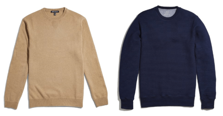 Two crewneck choices from JackThreads -- one a dressy cashmere, the other a quilted indigo piece.