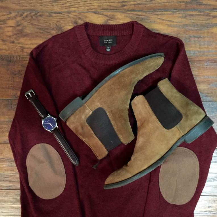 The blue dial lends itself surprisingly well to pairing with rich style staples like tan Chelsea boots (from ASOS) and an elbow-patch sweater (from JACHS NY).