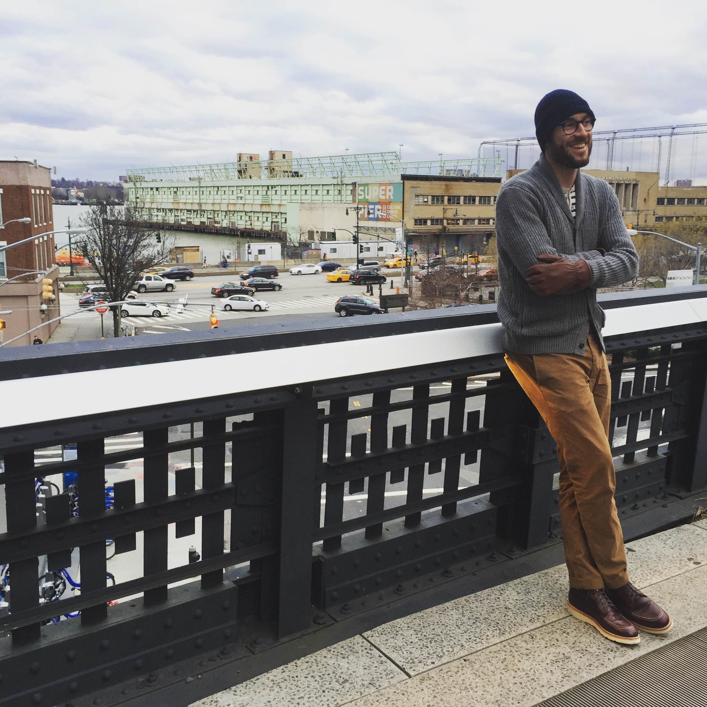 Getting out and about in NYC with the Color No. 8 Diplomat Boot from Thursday Boot Company. Slim tan chinos by Banana Republic. Striped henley by J. Crew Fisherman Cardigan by JackThreads. Merino watch cap by American Trench. Buffalo Bobber Leather Gloves by Iron & Resin.