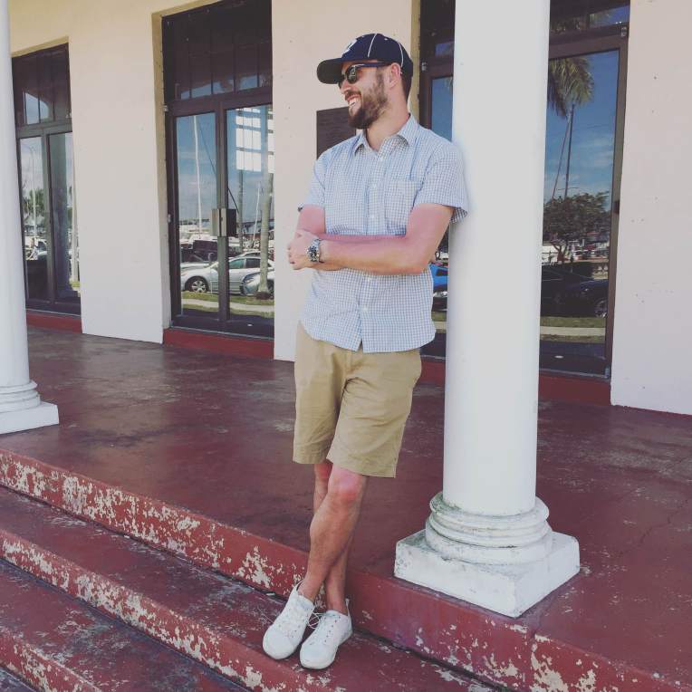 It was an excellent, relaxing Florida weekend -- exploring downtown Fort Myers was a highlight! Short-sleeve gingham shirt and khaki shorts by Banana Republic. White sneakers by GREATS Brand. Sunglasses by Tom Ford. Vintage ballcap by Goorin Brothers. Stainless steel dive watch by Invicta. 