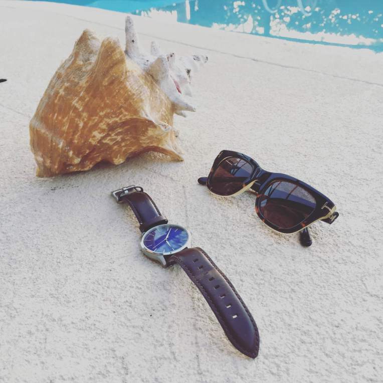 Relaxing poolside with a few choice style essentials. Brown leather watch by MVMT Watches. Sunglasses by Tom Ford.