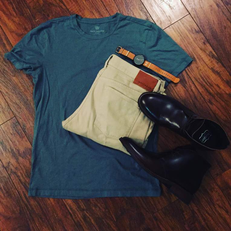Sunday's outfit grid for D.C adventures -- a Pima Crewneck Tee from Mack Weldon, Slim Light Mercer Denim from Mott & Bow and Brown Scout Chukka Boots from Thursday Boots. Customized Fairfield Watch by Timex.