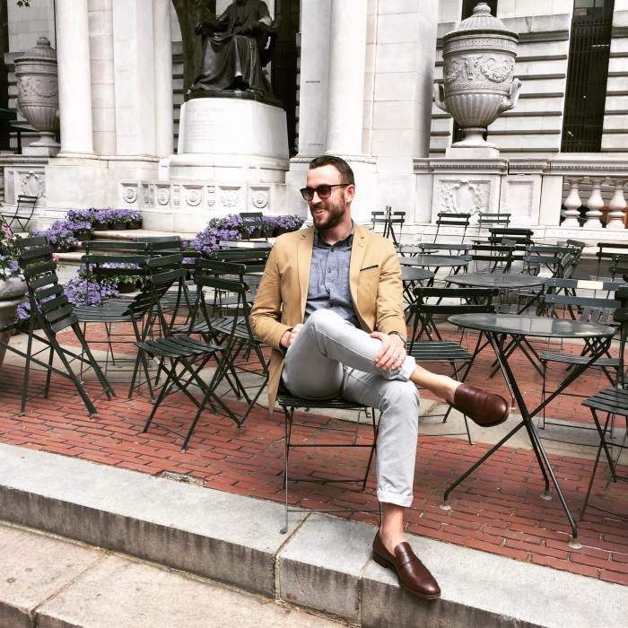 An outfit fit for the cubicle and a Broadway viewing. Slim-Fit Travel Jacket by Combatant Gentleman. Slim grey chinos by Bonobos. Slim chambray shirt by Old Navy. Archie Penny Loafers by Jack Erwin. Maximus Sunglasses by Sunday Somewhere. Customized Weekender Fairfield by Timex.