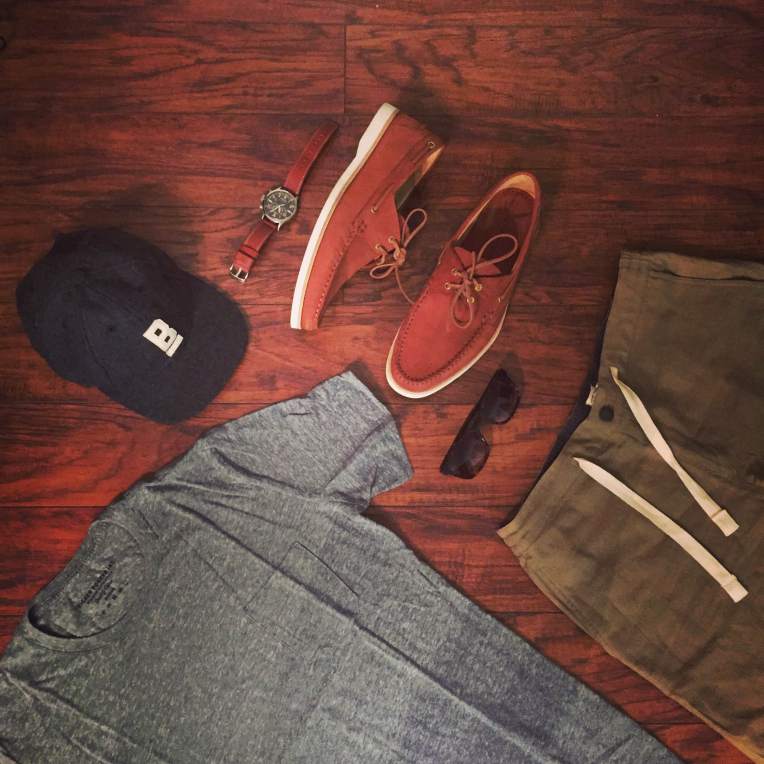 Saturday's outfit to beat the heat. Stringer Dune Shorts and Flat Wool Cap by Bridge & Burn. Cooper Boat Shoes in Caramel Nubuck by Jack Erwin. Maximus Sunglasses by Sunday Somewhere. Waterbury Chrono from the Timex x Red Wing collab.