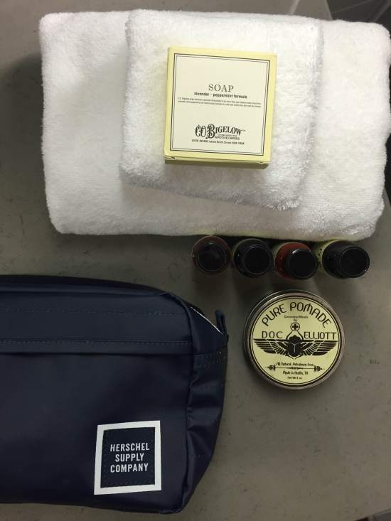 A look at some of the stylish grooming essentials from C.O. Bigelow provided by the hotel, plus my Herschel Supply Chapter Travel Kit and Doc Elliott Pomade.