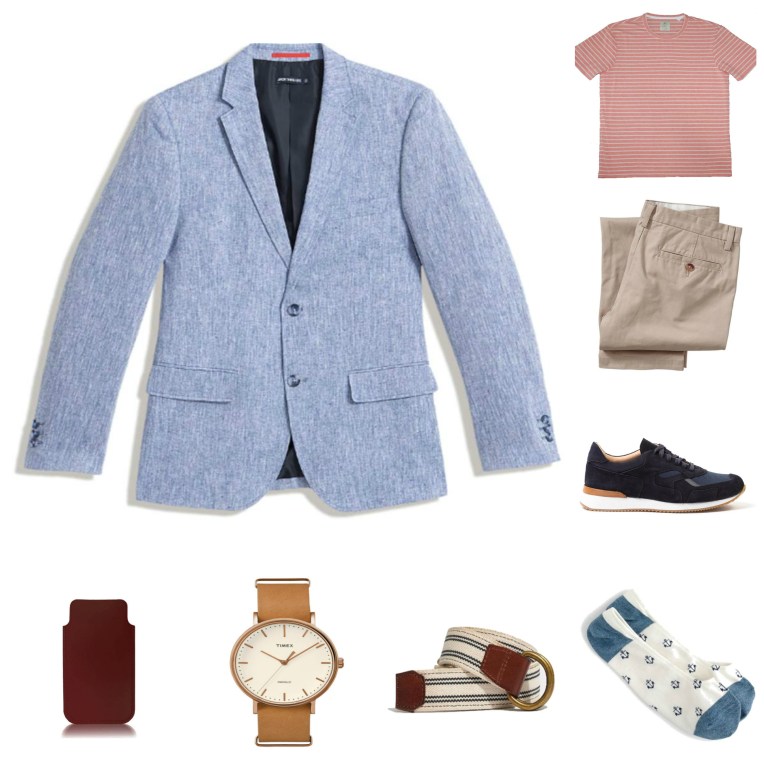 An effortless mix of casual and cool --  a chambray blazer plus a simple striped tee. 