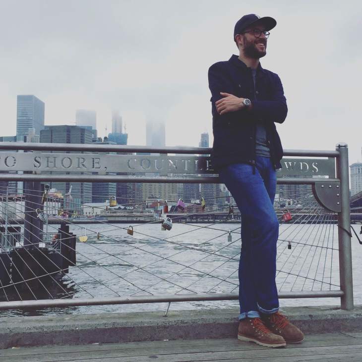 Trying to stay upbeat despite missing day three of Governors Ball due to weather. The Alaric Boot from CAT Footwear was critical in the rain. Field jacket by Timberland. Pima Crewneck by Mack Weldon. Light Ludlow Denim by Mott and Bow. Flat Wool Cap by Bridge and Burn. Rubber-strap watch by Stuhrling Original.