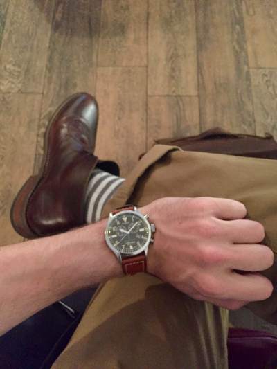 Take twill chinos from Savane, add American Trench striped socks, leather chukka boots from Thursday Boots, and a tough leather watch from the Timex x Red Wing collab. 
