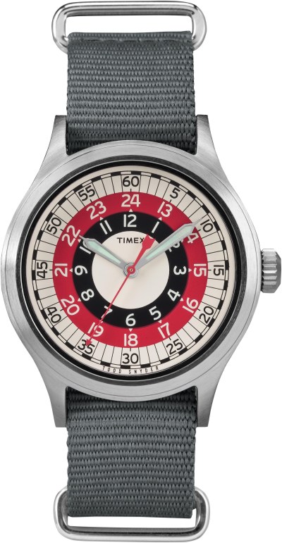 A closer look at the red-and-black mod bullseye design, inspired by the Timex archives. Photo courtesy of the brand. 