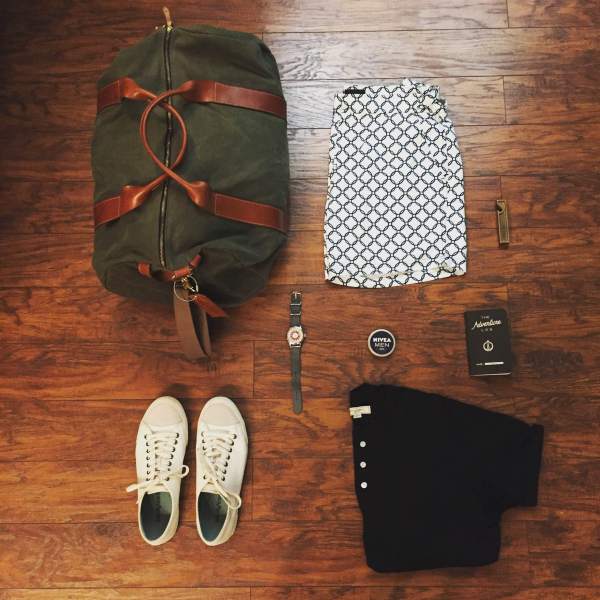 A full bag for a few extra days in Florida. Voyager Waxed Weekender by Owen & Fred. Printed swim trunks by JACHS NY. Army Issue Sneakers by SeaVees. Black Henley by Stitchmill. Mod Watch by Timex x Todd Snyder. Adventure Log by Word Notebooks. Facial Crème by Nivea For Men.