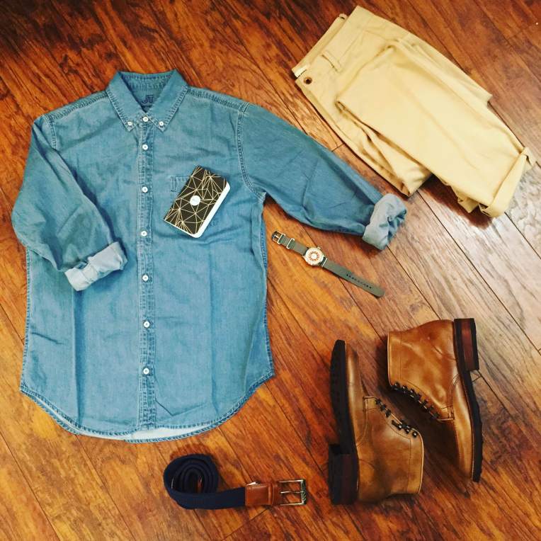 Sunday's outfit grid for a day of travel. Denim Shirt by JackThreads. Slim Stone Chinos by Taylor Stitch. Natural Diplomat Boots by Thursday Boots. Hudson Belt by Arcade Belt Co. Mod Watch by Timex x Todd Snyder. Notebook by Word Notebooks.