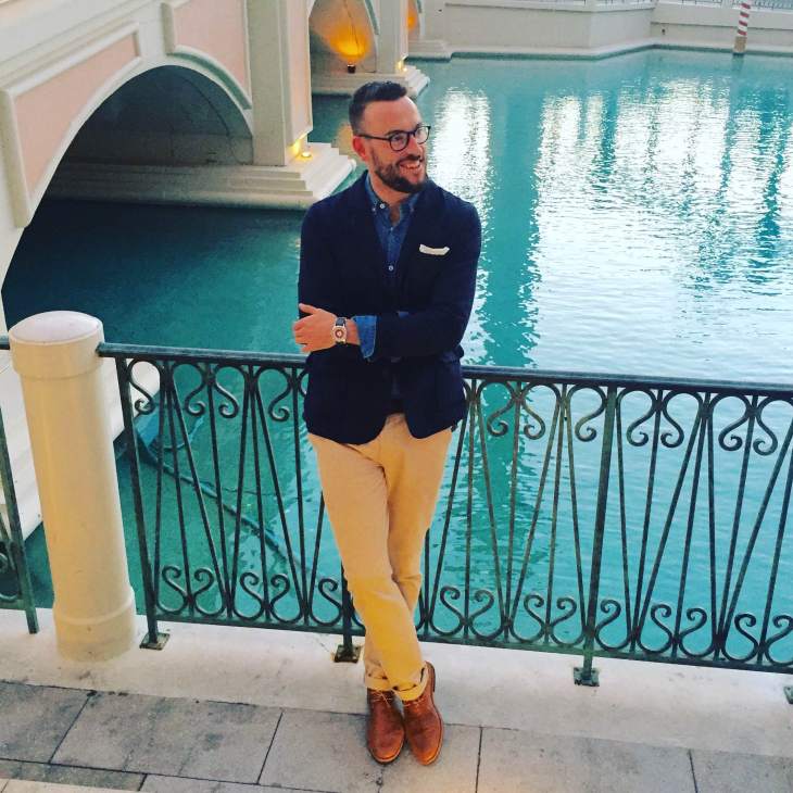 A hot and sunny business trip to Las Vegas. Ivy Blazer by Grayers. Pocket square by J. Crew. Denim Shirt by JackThreads. Slim Stone Chinos by Taylor Stitch. Chukkas by Timberland. Mod Watch by Timex x Todd Snyder.