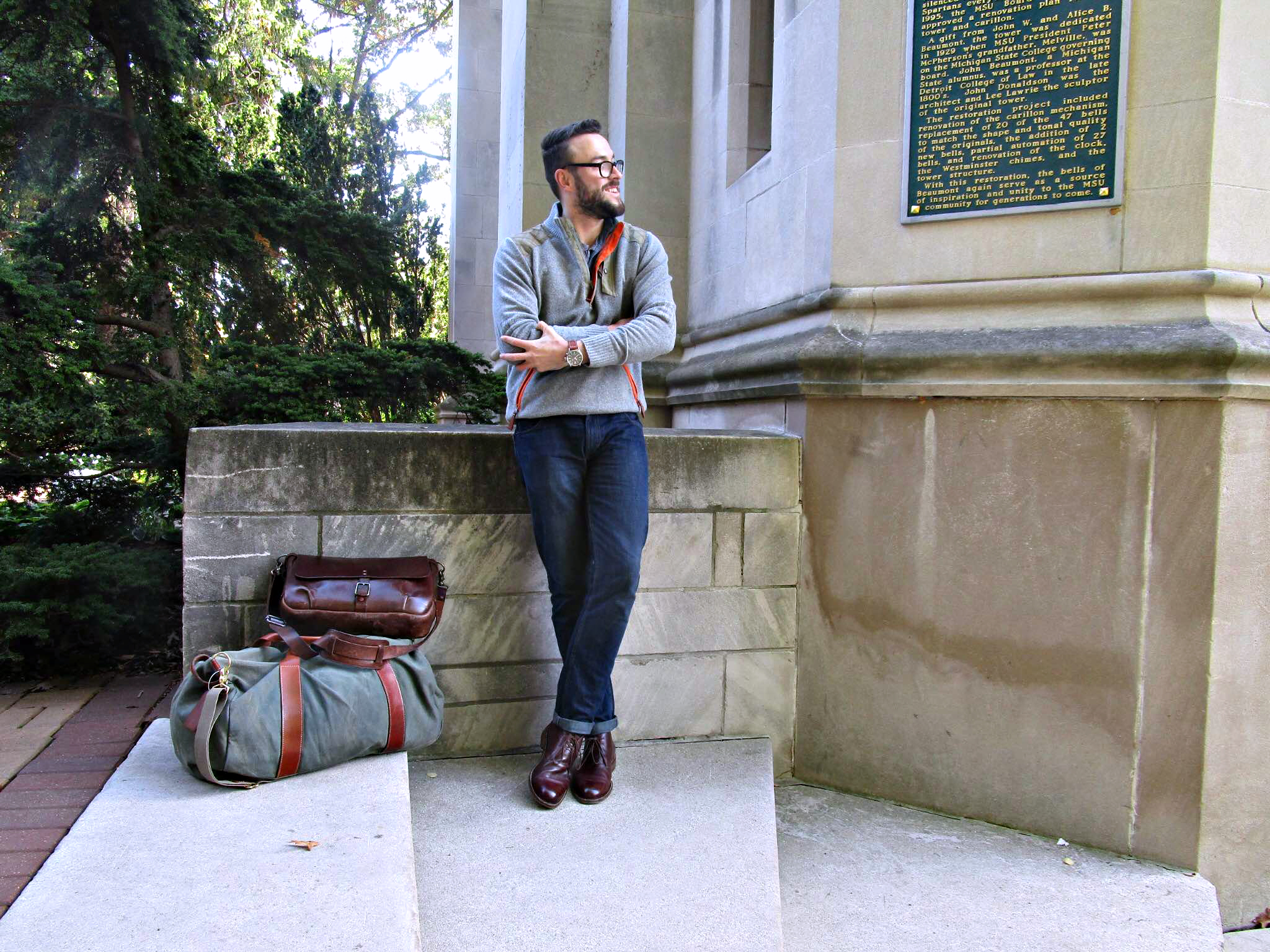 From NYC to East Lansing in a matter of hours. Alpine Guide Sweater by Alps & Meters. Chambray shirt by Old Navy. Slim denim by Dickies. Waterbury Chrono by Timex x Red Wing Heritage. Leather chukkas by Beckett Simonon. Slim Mailbag by Satchel & Page. Voyager Waxed Weekender by Owen & Fred. 