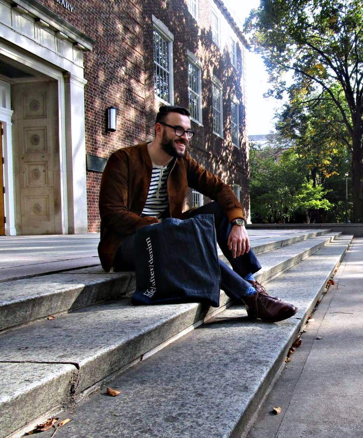 A jacket you'll want to pre-fund now -- and wear as soon as you receive. Cole Bomber Jacket and leather chukkas by Beckett Simonon. Striped henley by J. Crew. Navy chinos c/o Forever21 Men. Brown leather watch by MVMT Watches. Glasses by Frameri. Patterned socks by Effio. 