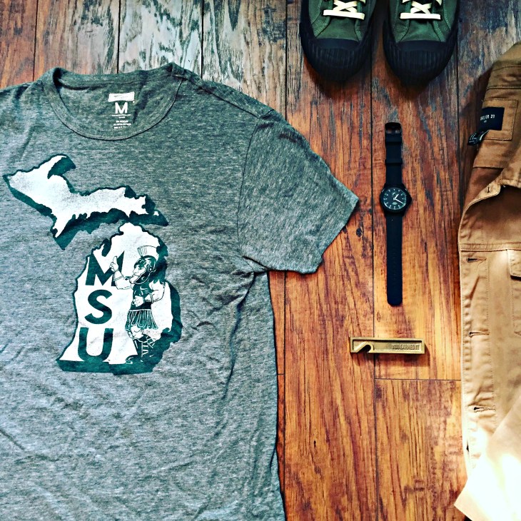 Collegiate gear from Tailgate Clothing and a team watch from Jack Mason, blended with the Forever21 Button Denim Jacket and Grounder Hi-Tops from Todd Snyder & P.F. Flyers.